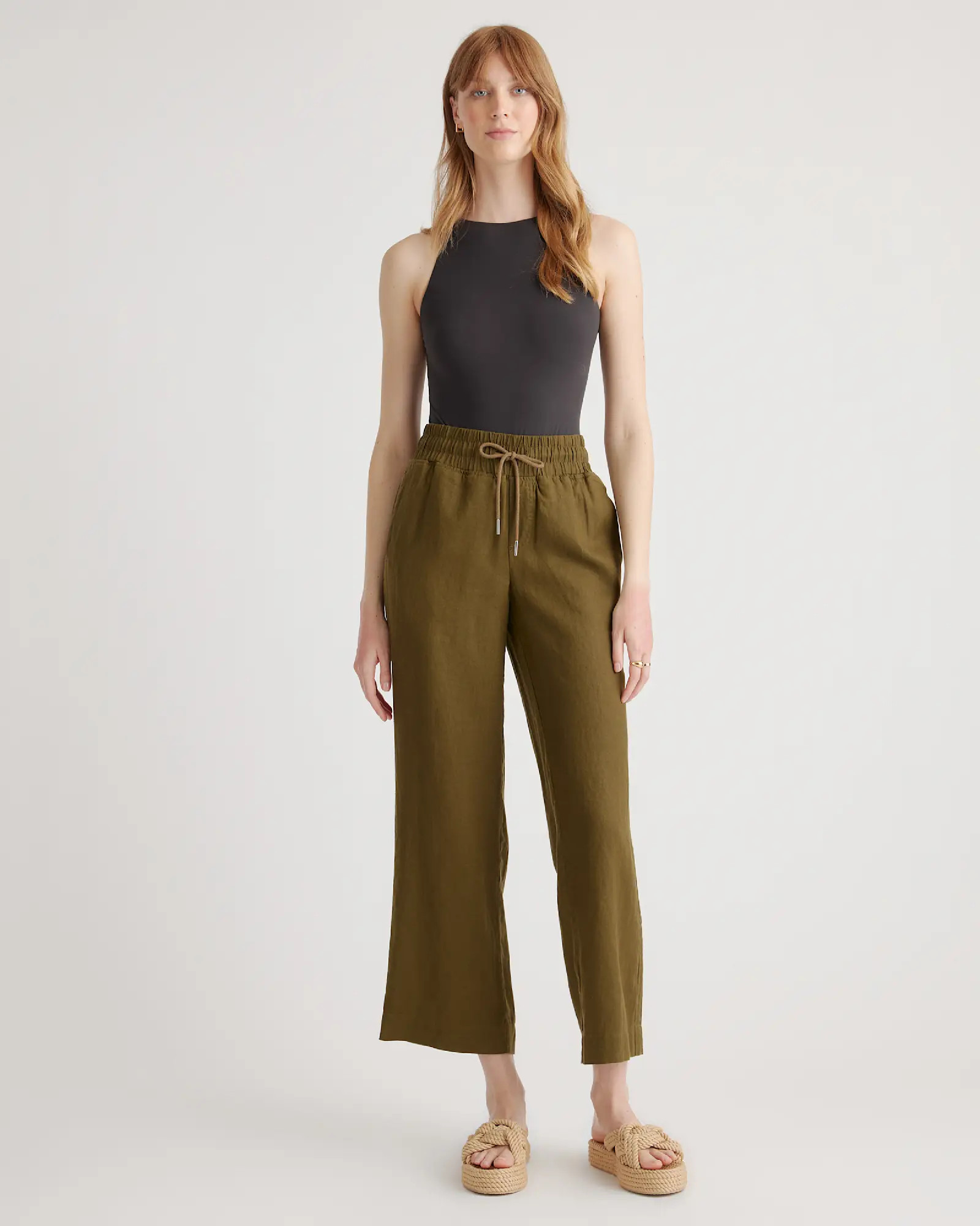 100% European Linen Wide Leg Pants in Martini Olive | Quince