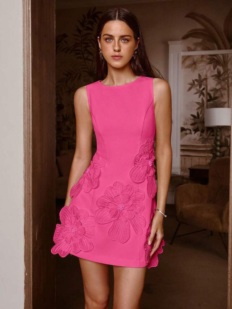 Sollinarry Women's Spring/Summer New Sleeveless 3D Floral Decor Mini Dress, Elegant Formal Dress,... | SHEIN