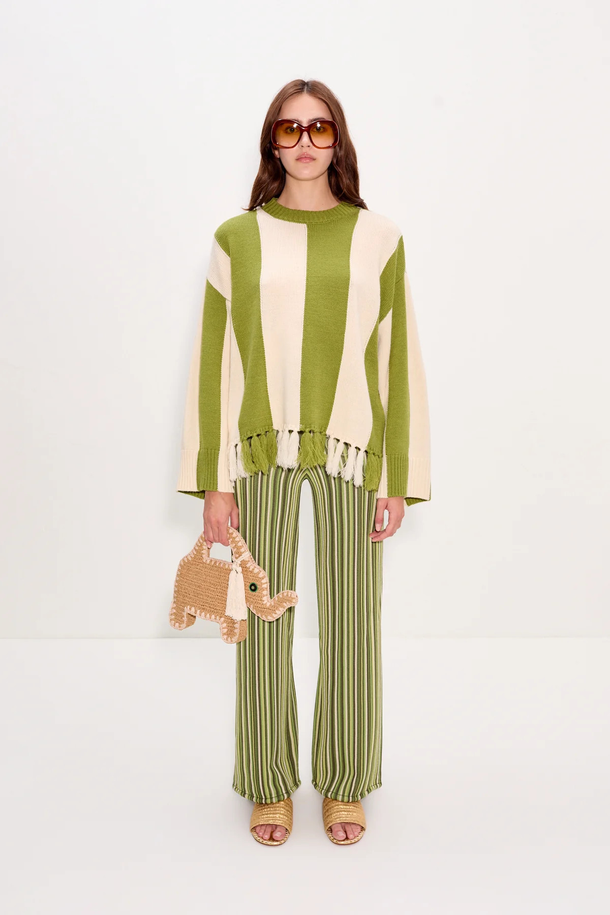 Faye Tassel Sweater In Moss Green/Cream | Simon Miller