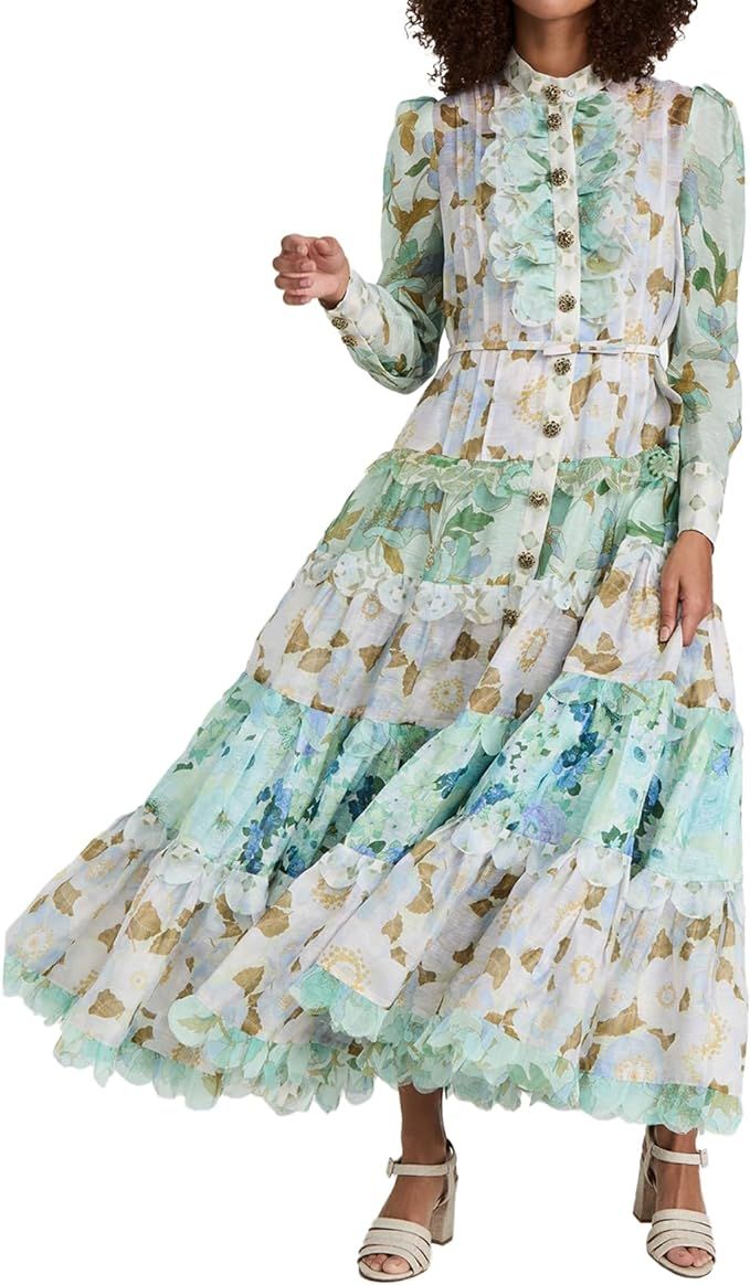 Ruffle Hem Midi Dress Tiered Floral Dress for Women Flower Printed Womens Fall Dress Flowy Tea Pa... | Amazon (US)