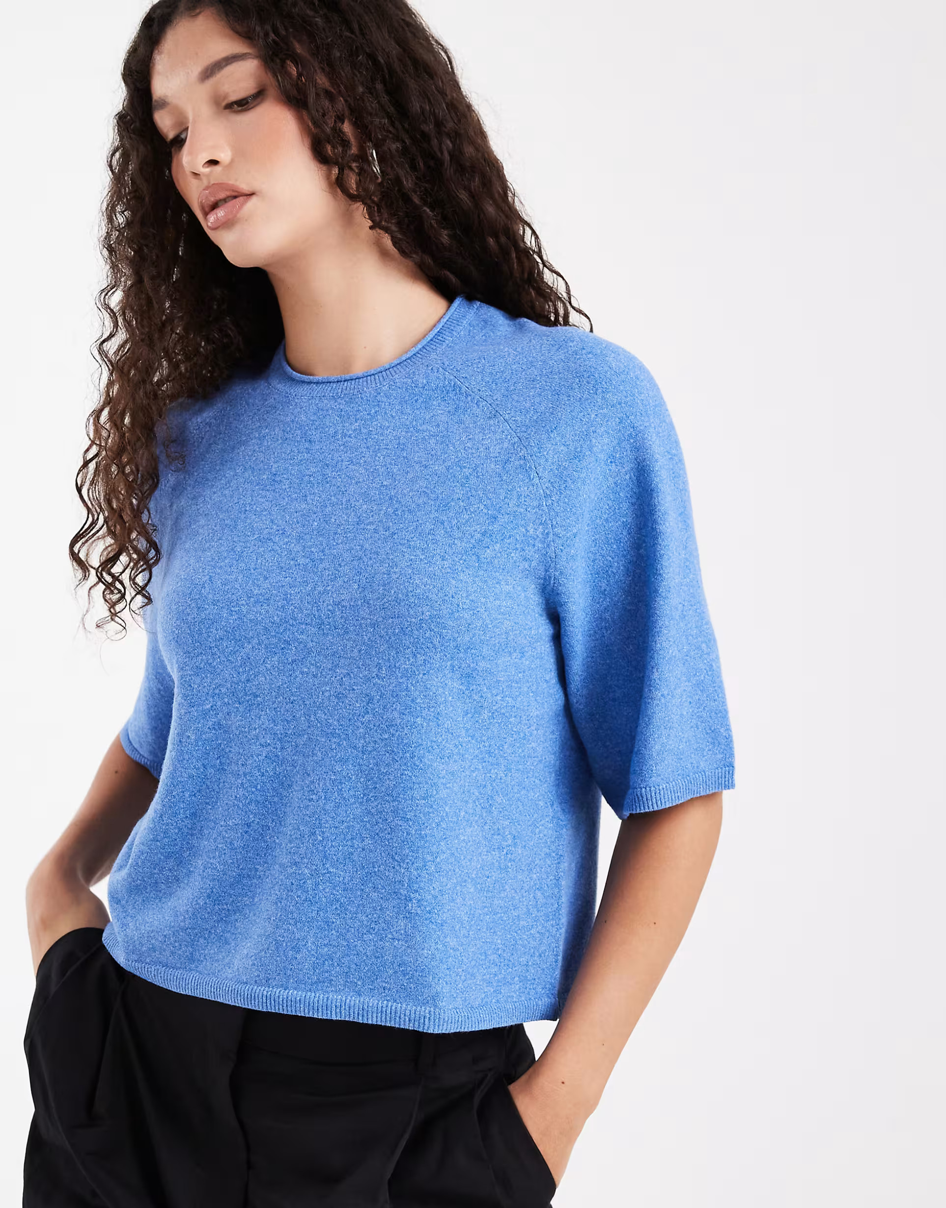ONLY boxy knit short sleeve top in blue | ASOS (Global)