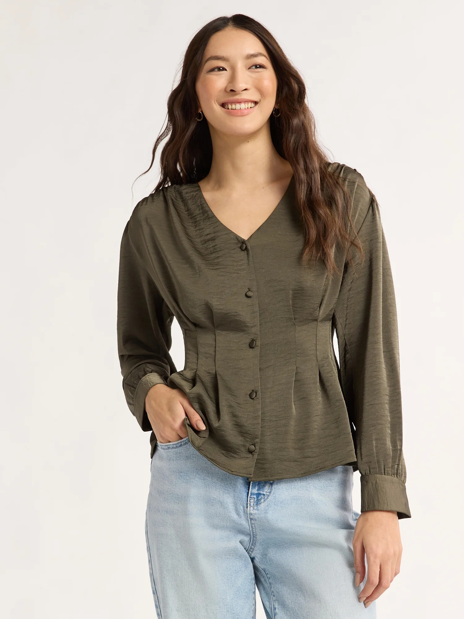 Time and Tru Women's V-Neck Fit and Flare Blouse, Sizes XS-XXXL | Walmart (US)