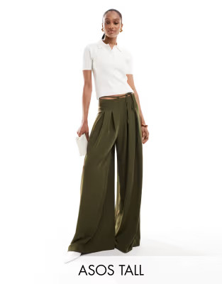 ASOS DESIGN Tall tie waist super wide leg tailored pants in khaki | ASOS (Global)