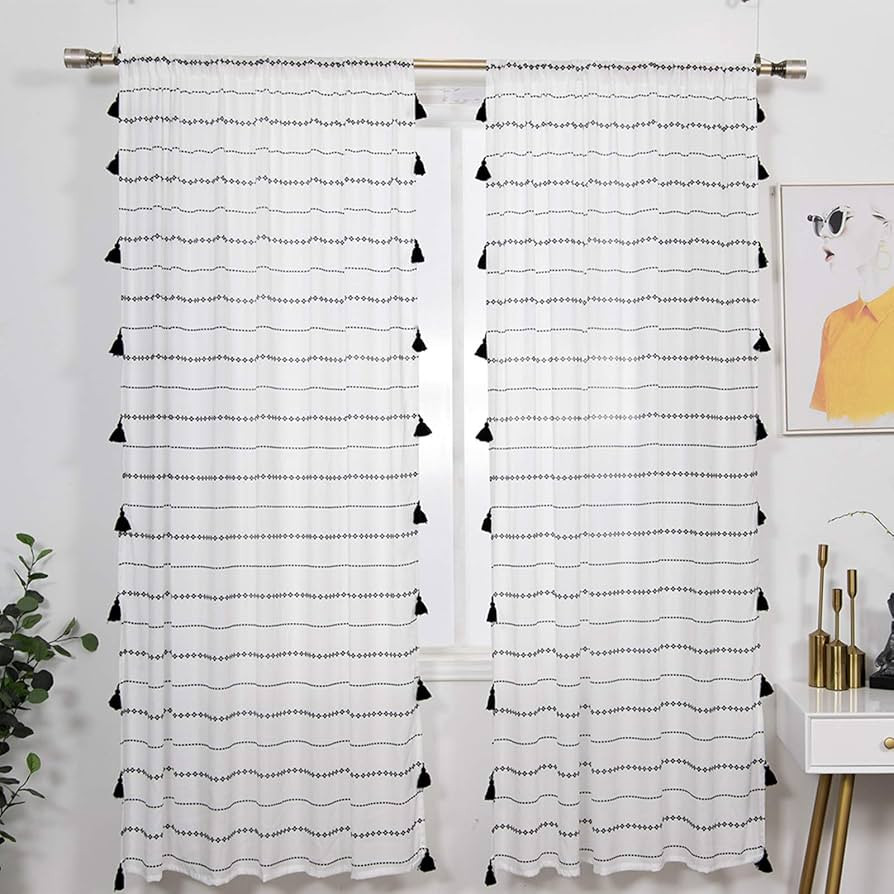 YoKii Boho Sheer Curtains for Bedroom 96-Inch 2 Panels, Chiffon Voile Tassel Window Curtain Panel... | Amazon (US)