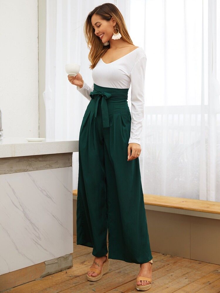 Belted High Waist Wide Leg Pants | SHEIN