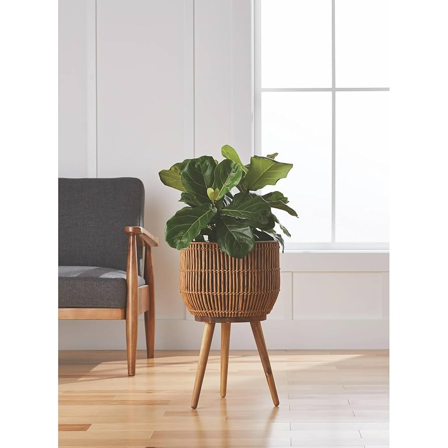 13 Inch Round Brown Resin Rattan Planter & Stand with Acacia Wood Legs | Amazon (US)