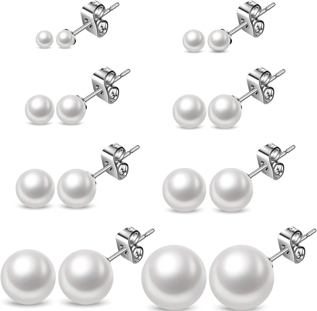 16 Pairs Pearl Earrings Pearl Stud Earrings Set White Pearl Studs Faux Pearl Flat Back Earrings Wome | Amazon (US)