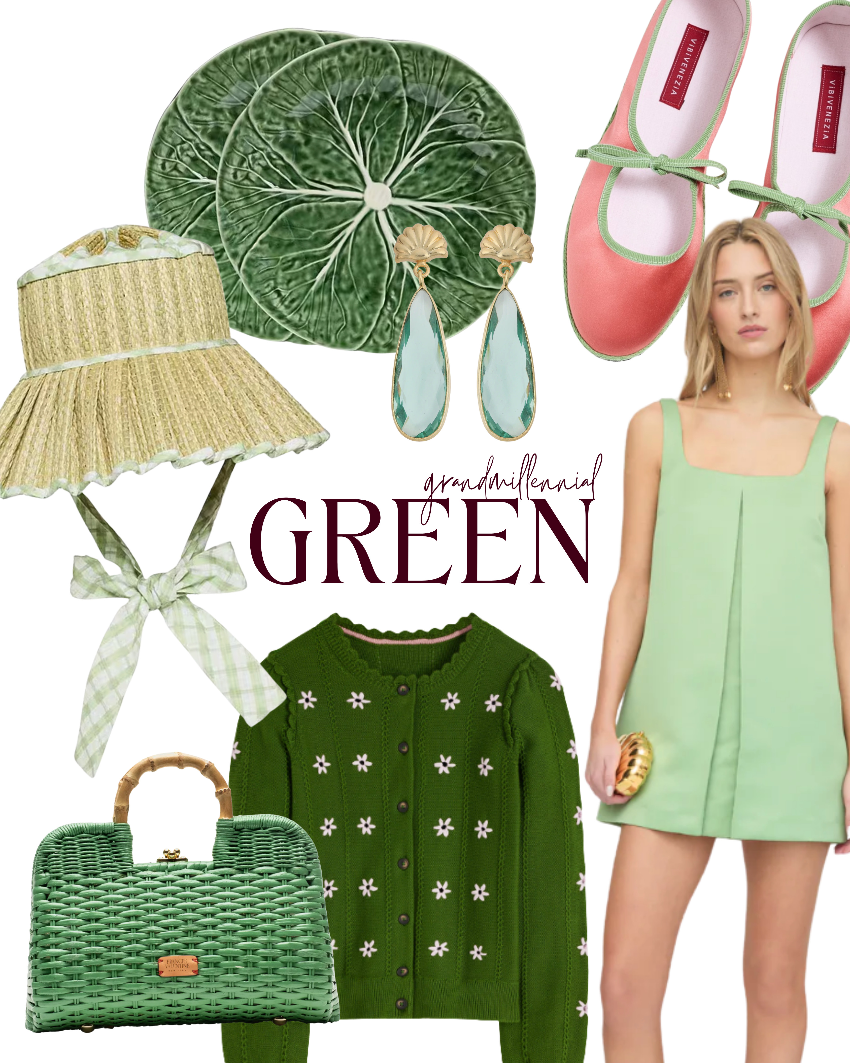 grandmillennial green 
[Pleated Tie Sun Hat, Lorna Murray, green flared skirt cotton dress, Southern Living, Cabbage Dinner Plates, Woven Wicker Top Handle Bag, Crystal Teardrop Earrings, pink and green Silk Mary Jane Flats, ViBi VENEZiA, HART Gemstone Strand Heart Necklace, Hill House, satin structured mini dress, Fern Floral Eyelet Pilar Dress and Short Set, Boden Crochet Trim Cardigan] 

 

 #LTKSeasonal #LTKHome