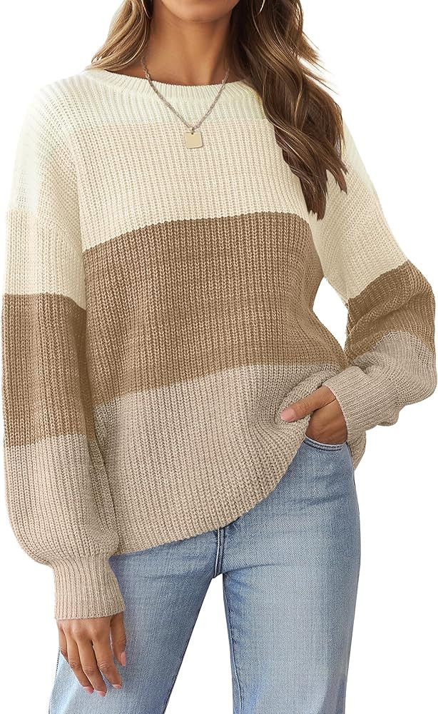ZESICA Women's Casual Long Sleeve Crew Neck Striped Color Block Oversized Loose Fit Soft Knit Sweate | Amazon (US)