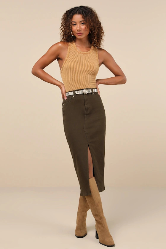 Uniquely Trendsetting Olive Green High-Rise Denim Midi Skirt | Lulus