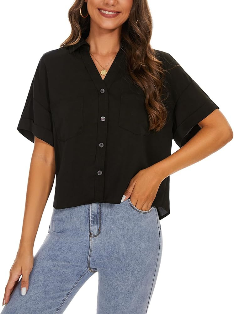 MINTLIMIT Womens Button Down Crop Tops Casual Short Sleeve Cropped Shirts Solid Lapel Blouse Shir... | Amazon (US)
