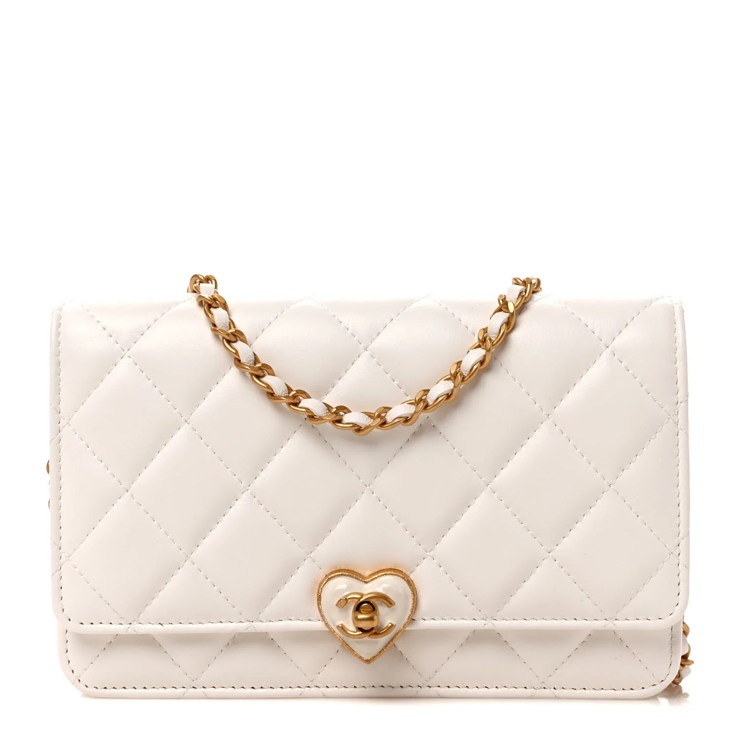 Lambskin Resin Quilted CC Heart Wallet On Chain WOC White | FASHIONPHILE (US)