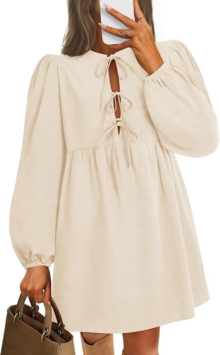 ZESICA Womens Fall Long Puff Sleeve Babydoll Mini Sundress | Amazon (US)