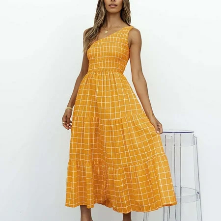 HONHUZH Womens Summer Dresses Clearance Boho One Shoulder Smocked Flowy Dress Beach Maxi Dresses | Walmart (US)