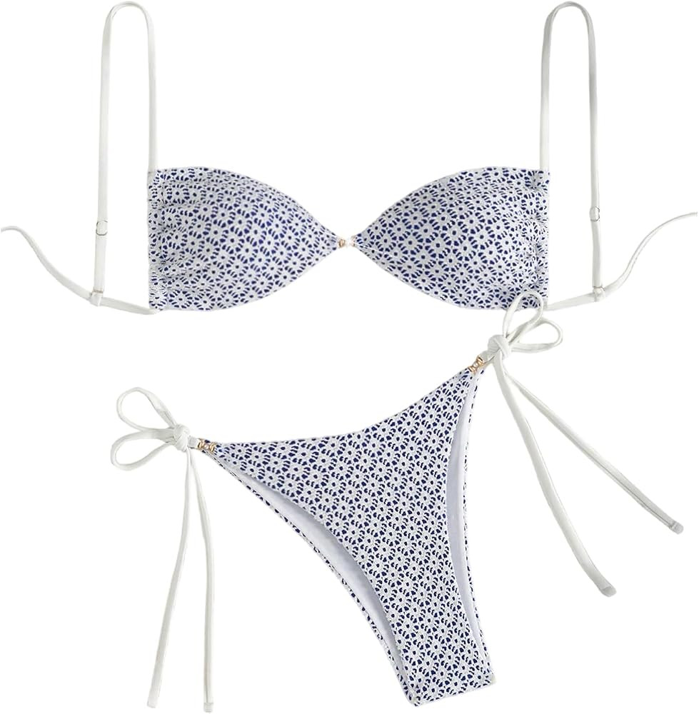 SOLY HUX Women's Boho Swimsuit Spaghetti Strap Tie Side String Bikini Set Summer Beach Two Piece ... | Amazon (US)