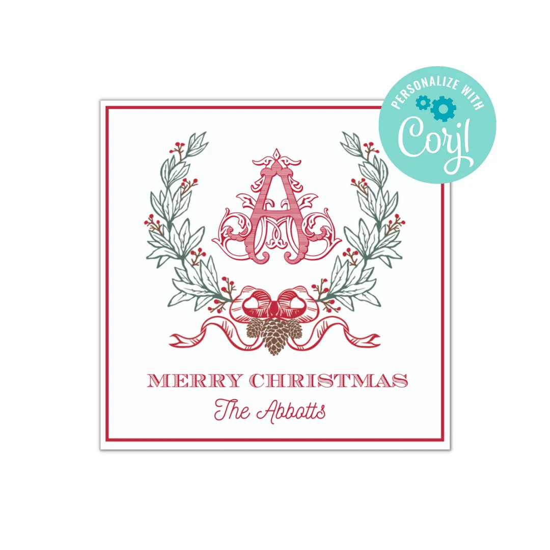 Christmas Gift Tag Monogram Holiday Wreath Tag Self-editable Fancy Monogram Traditional Christmas... | Etsy (US)