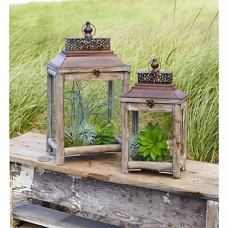 Driftwood Frame with Metal Top Lanterns, Set of 2 | Kirkland's Home