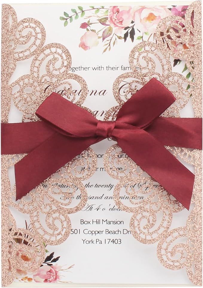 Kyutong 50Pcs Wedding Invitations with Envelopes and Rsvp Cards Rose Gold Glitter Laser Cut Invit... | Amazon (US)