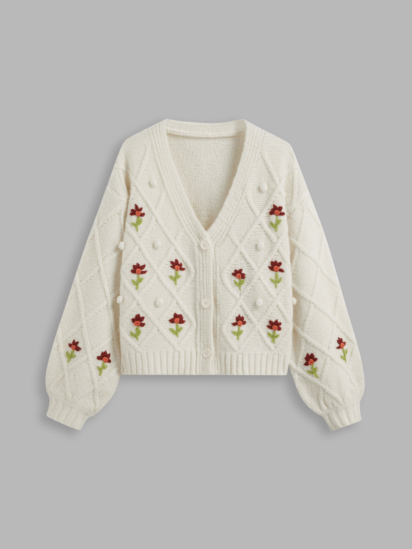 Knit Fabric Knit V-neck Floral Oversized Cardigan For School | Cider