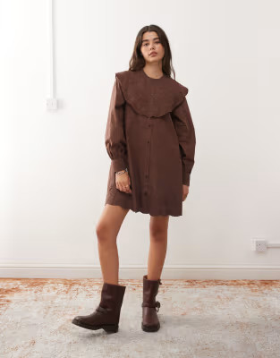 Reclaimed Vintage mini shirt dress with oversized collar and floral embroidery in chocolate brown... | ASOS (Global)