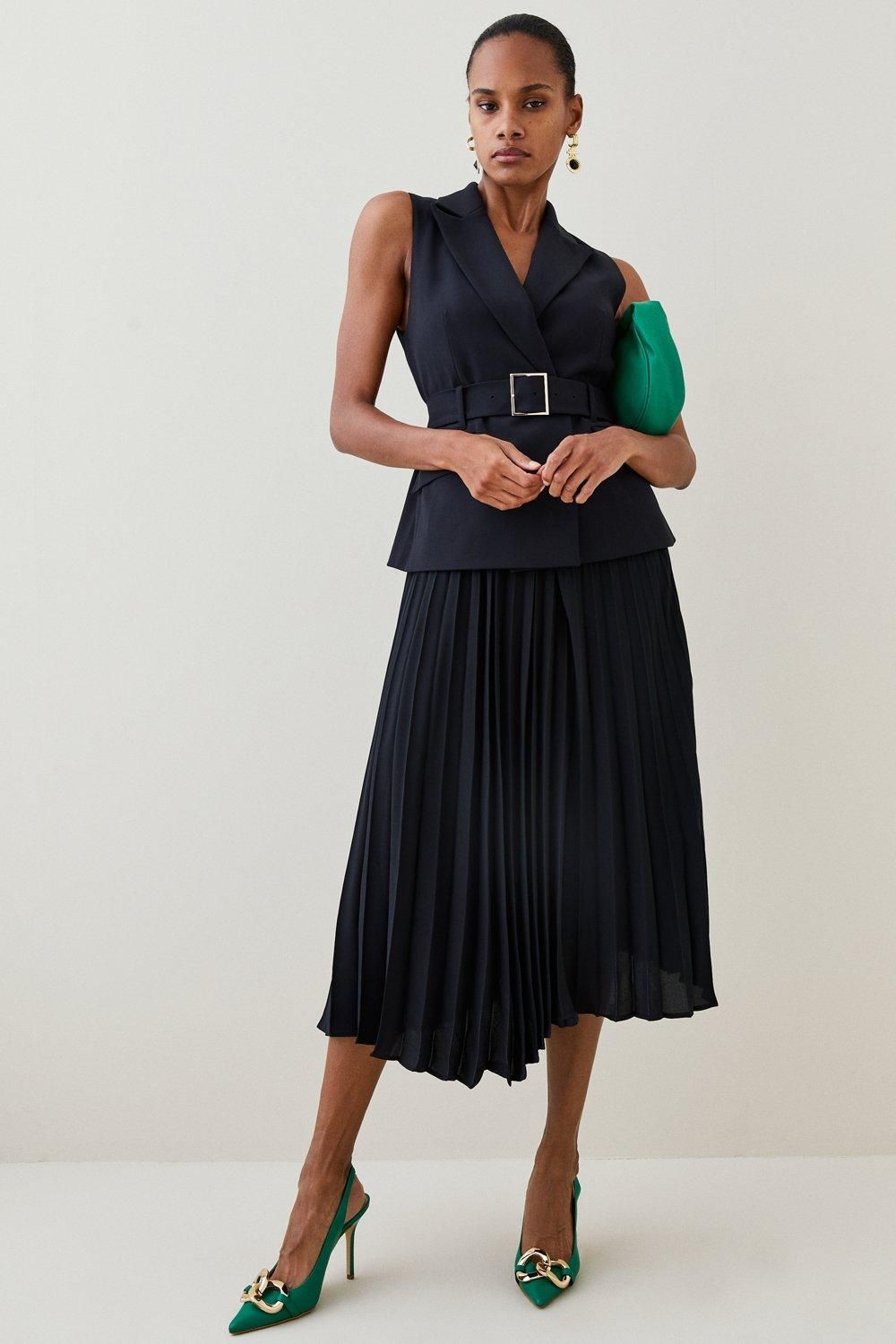 Tailored And Pleat Belted Midi Dress | Karen Millen UK + IE + DE + NL