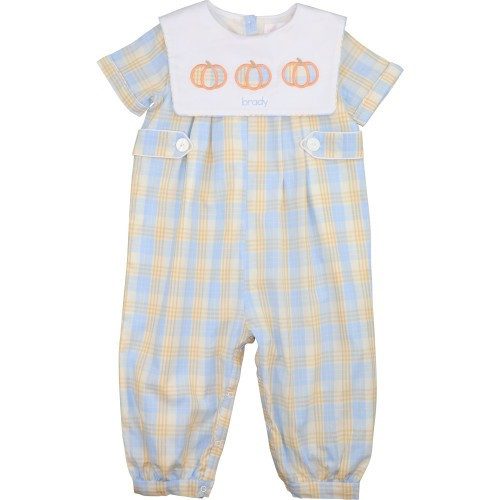 Blue And Yellow Plaid Pumpkin Long Romper | Cecil and Lou