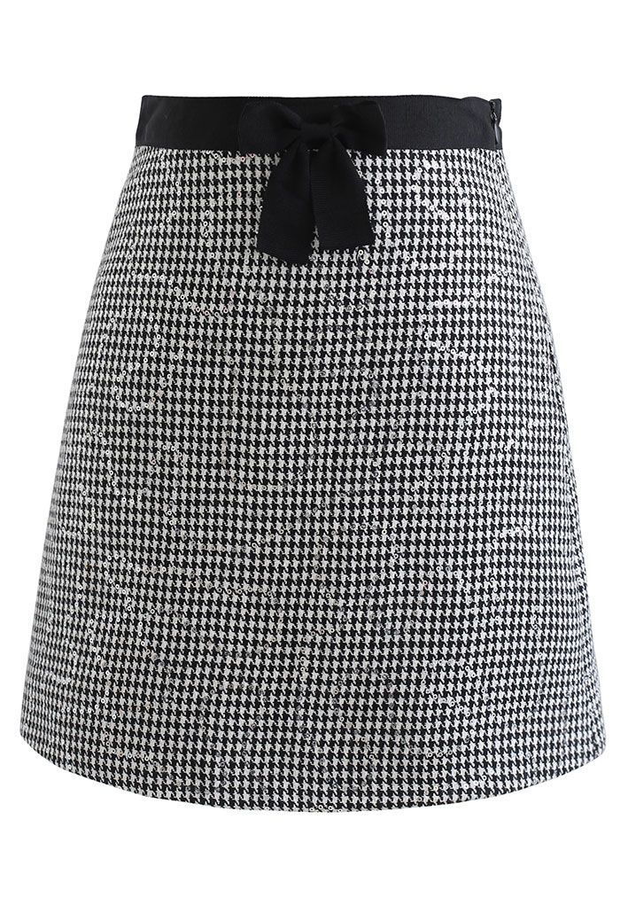 Sequin Trim Houndstooth Mini Bud Skirt | Chicwish
