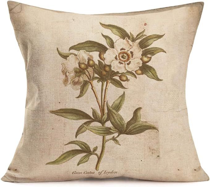 Fukeen Vintage Cotton Linen Throw Pillow Cases Plants Wild Flowers Leaves Pillow Cover Rustic Sty... | Amazon (US)