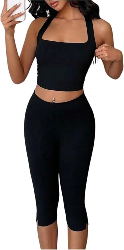 Verdusa Women's 2 Piece Capri Set Going Out Matching Sets Backless Halter Crop Tops with Capri Pa... | Amazon (US)
