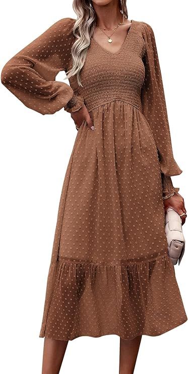 PRETTYGARDEN Women's Spring Dresses 2024 Long Sleeve V Neck Swiss Dot Empire Waist Chiffon Dress ... | Amazon (US)