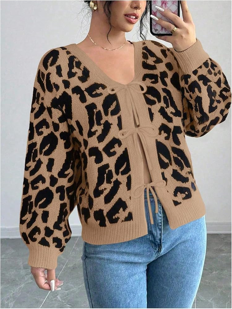 GORGLITTER Women's Leopard Bow Tie Front Cardigan Cheetah V Neck Long Sleeve Knit Sweaters Outwea... | Amazon (US)