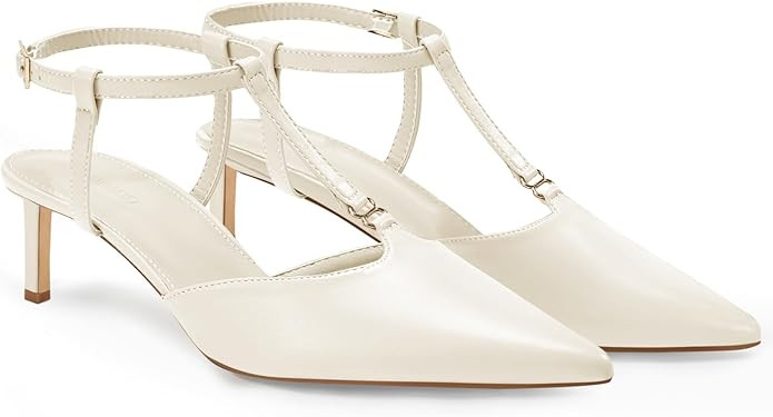 Coutgo Womens Kitten Heels T Strap Closed Pointed Toe Pumps Low Heel Ankle Strap Comfortable Dres... | Amazon (US)