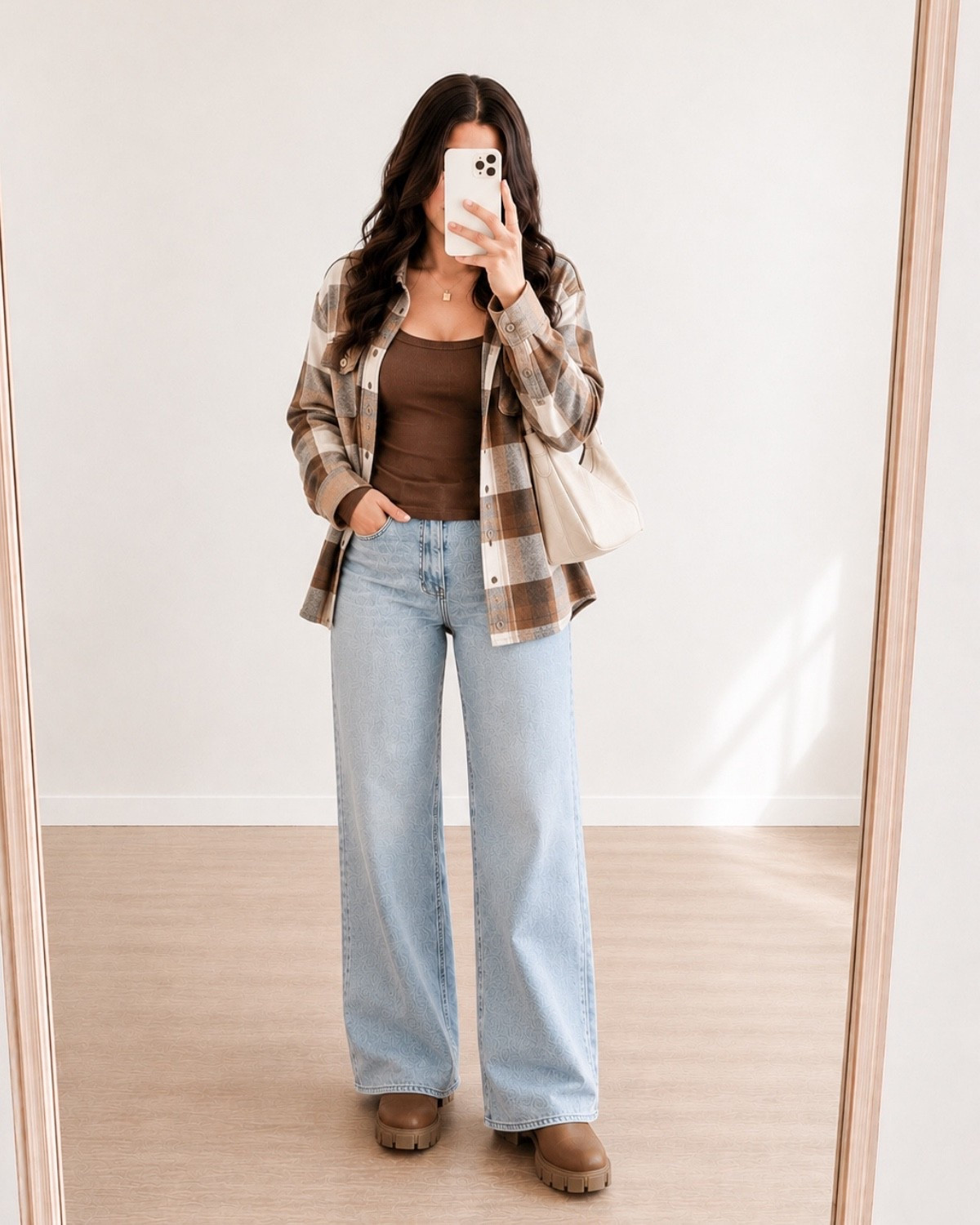 Easy fall outfit inspo 🤎 A brown tank, neutral plaid shacket, wide-leg jeans, brown platform boots, and a cream shoulder bag make the perfect casual fall look. Simple, cozy, and so easy to recreate.

#LTKSeasonal #LTKPetite