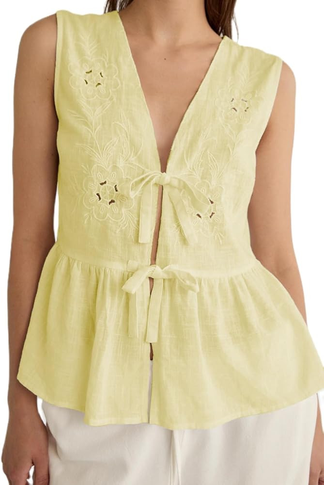 Women Tie Front Tank Top Sleeveless Hollow Out Embroidered Blouses V Neck Ruffle Hem Peplum Babyd... | Amazon (US)