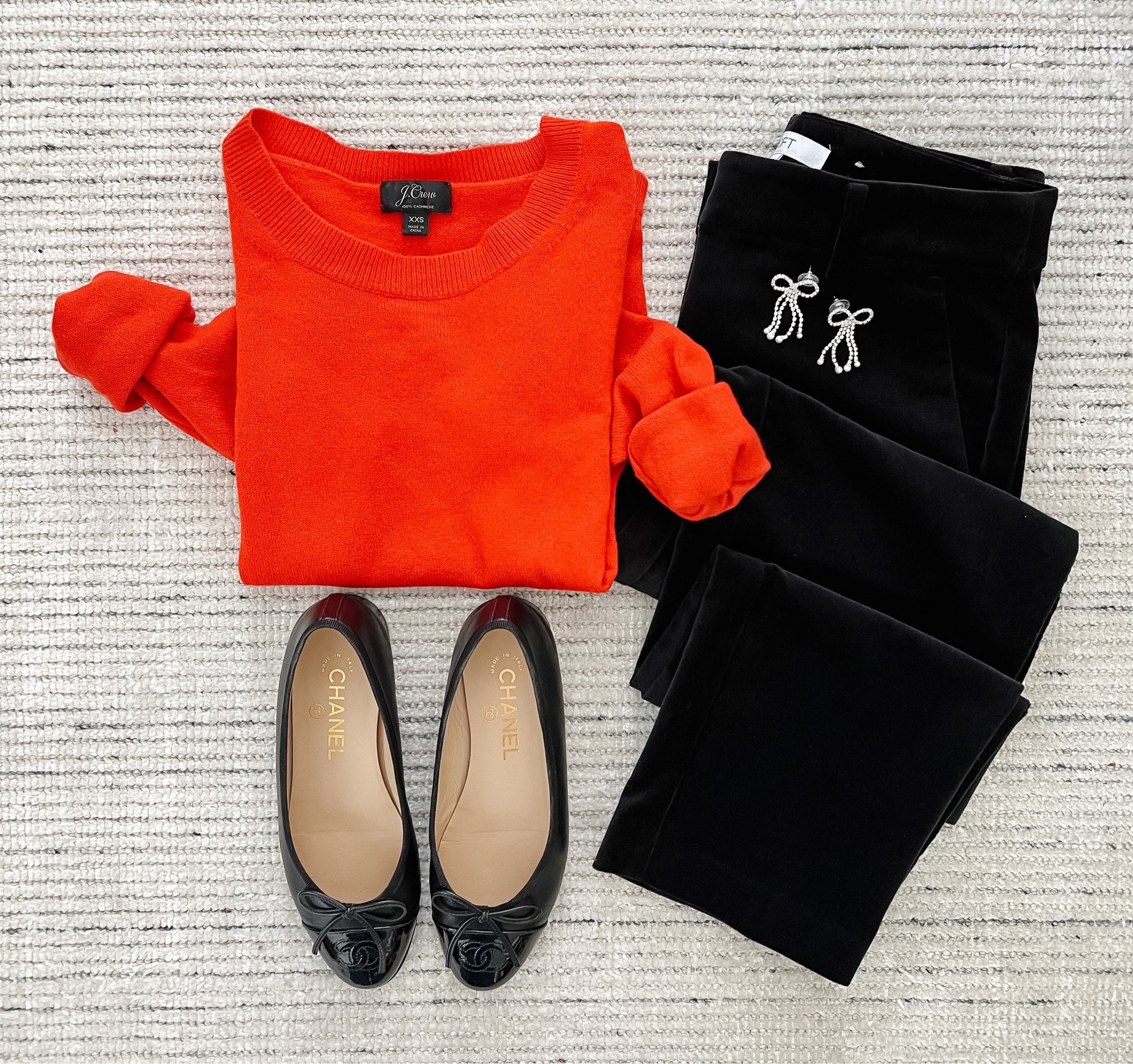 Holiday outfit perfect for business casual or smart casual workwear! Loving this bright red sweater from J.Crew, velvet workwear pants, Chanel flats and bow earrings. Use code CYBER for 50% off my pants!

#LTKHoliday #LTKstyletip #LTKCyberweek