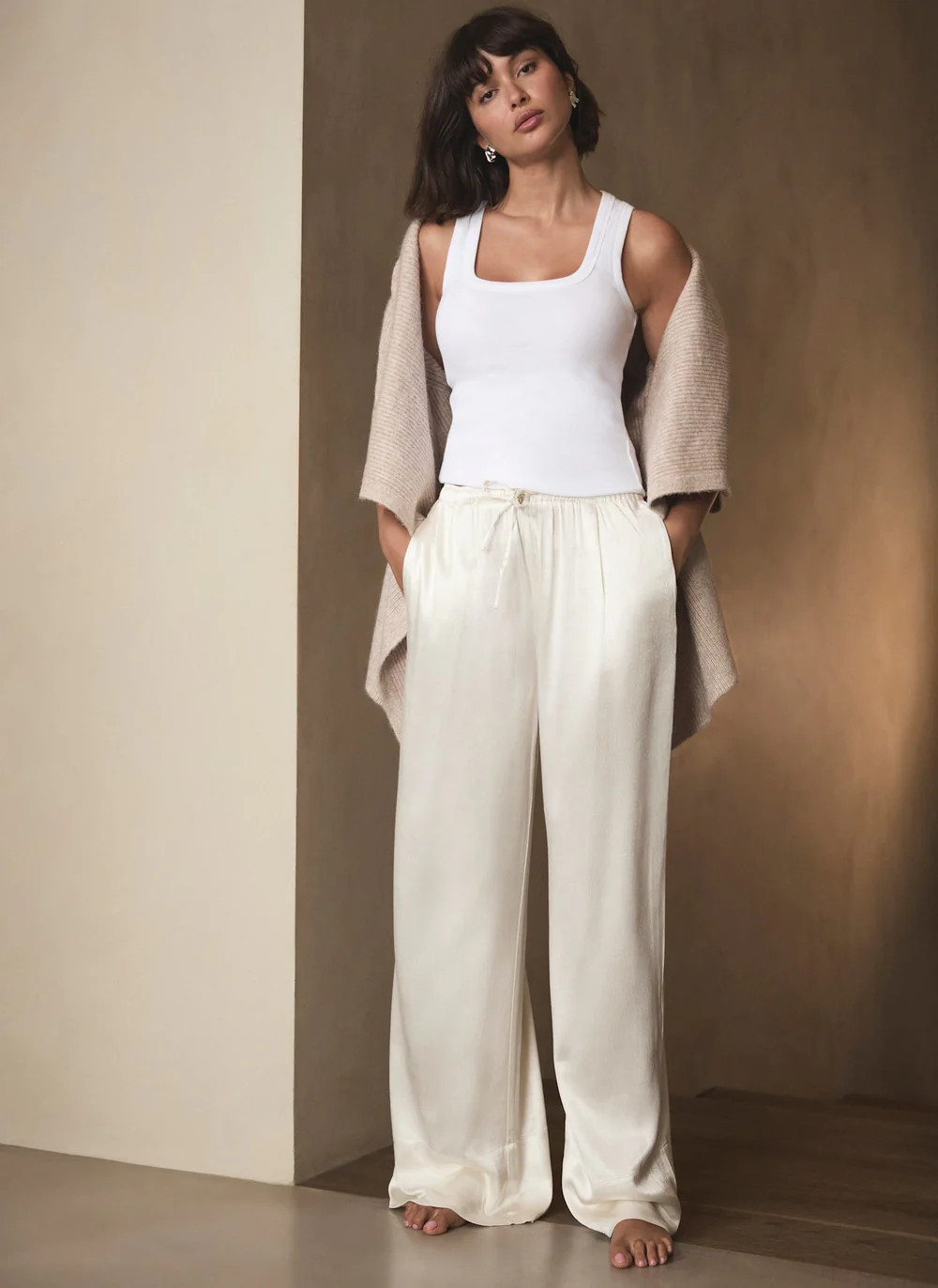 Cream Satin Wide Leg Trouser | Mint Velvet