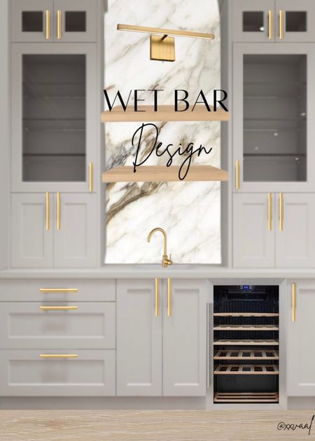 Wet Bar Design for the new house 😍 



#WhiteCabinets #Goldaccents #Whiteoakshelves #Winefridge #PictureLight #Barware #LTKHoliday 

#LTKhome #LTKunder50