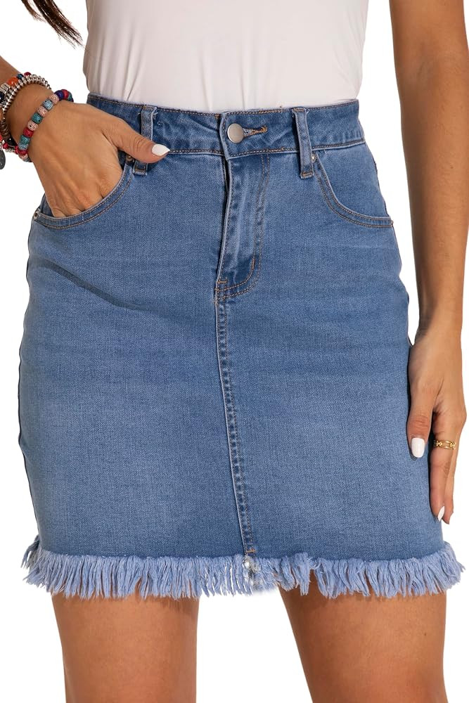 GUANYY Womens Denim Skirt Raw Hem Bodycon Stretch Casual High Waisted Jean Mini Skirt | Amazon (US)