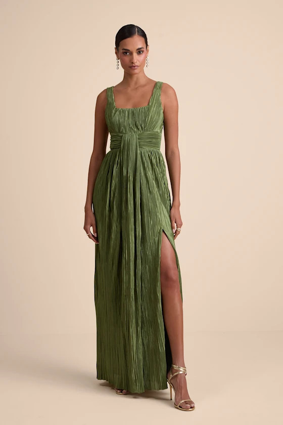 Ameena Olive Green Plisse Square Neck Sash Maxi Dress | Lulus
