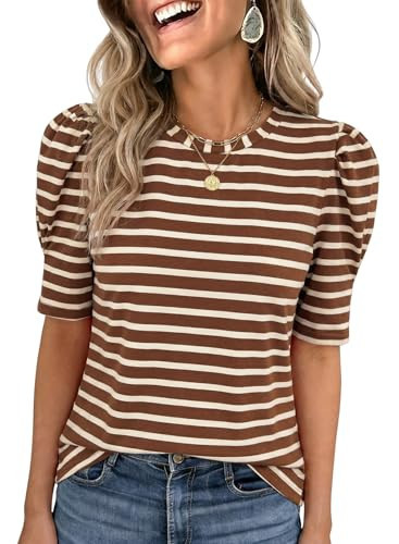 Dokotoo Womens Tops Basic Puff Short Sleeve Summer T Shirts Casual Soft Striped Crewneck Stylish Spring Outifits Dressy 2026 Fashion Tshirt for Women Trendy Tee Khaki Small | Amazon (US)