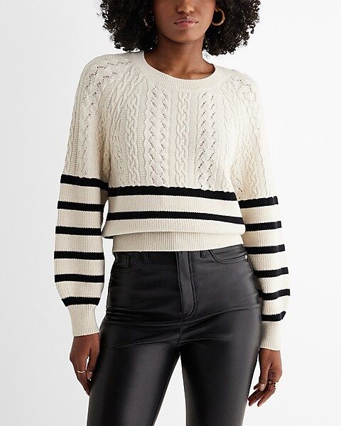 Striped Cable Knit Crew Neck Sweater | Express
