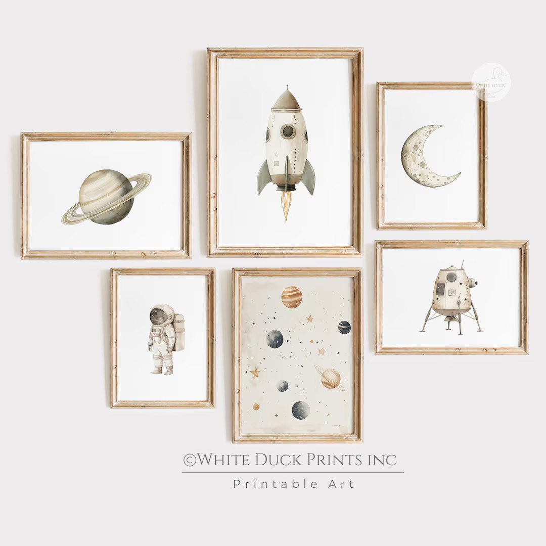 Outer Space Nursery Prints Set of 6, Playroom Space Poster Neutral Rocket Astronaut Moon Saturn M... | Etsy (US)