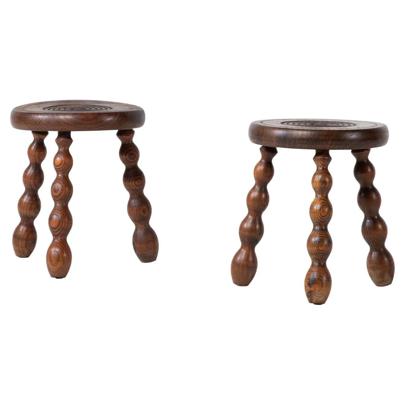 French Brutalist Tripod Stool, a Pair | 1stDibs