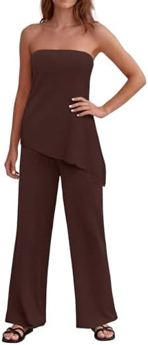 2 Piece Sets for Women Summer Knit Tube Top and Wide Leg Pants Outfits Vacation Travel Matching S... | Amazon (US)