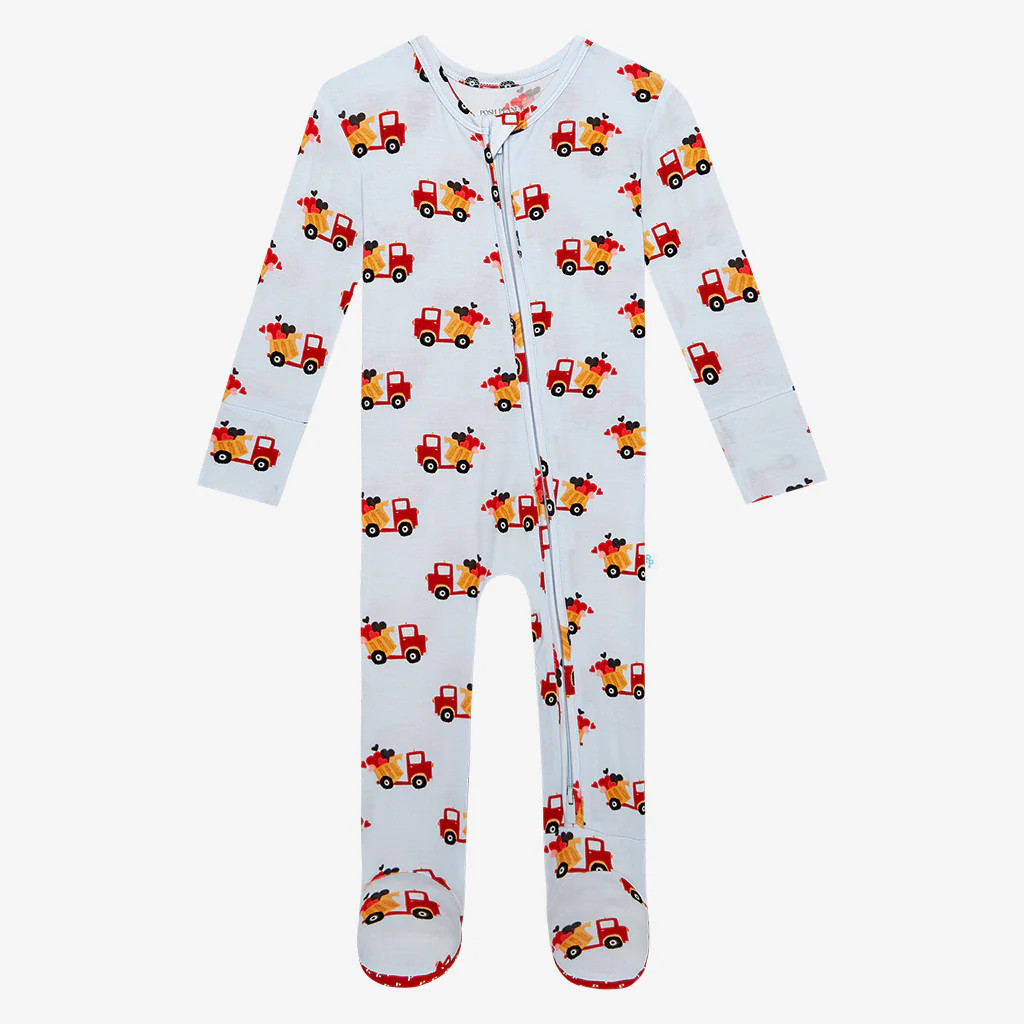 Trucks Blue One Piece Baby Footie Pajamas | I Dig You | Posh Peanut