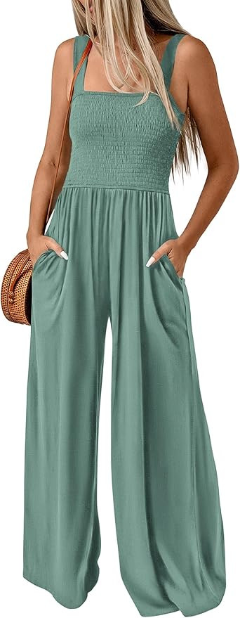 KIRUNDO Womens Jumpsuit 2024 Summer Casual Loose One Piece Overalls Smocked Sleeveless Wide Leg R... | Amazon (US)