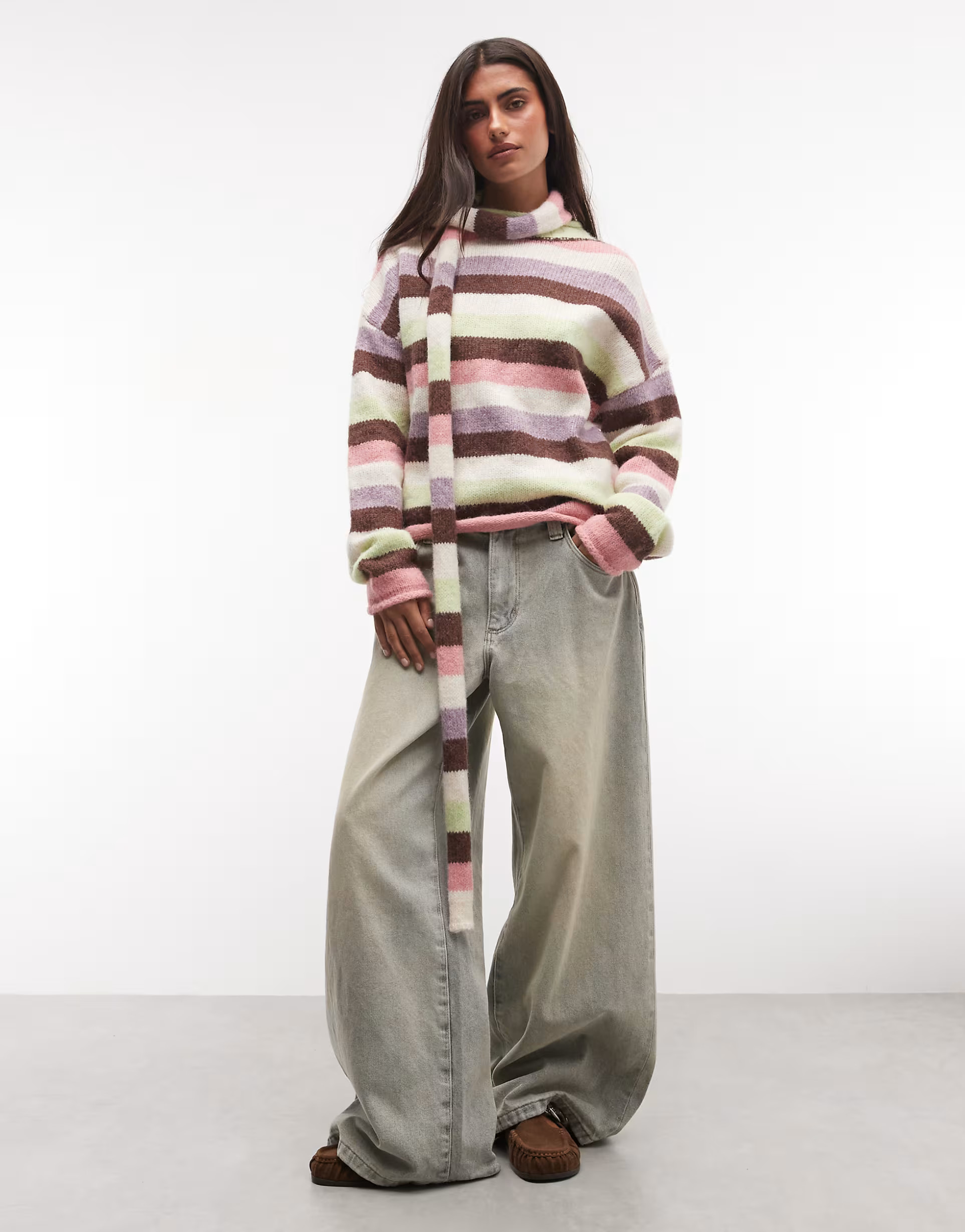 \u203a Daisy Street multi stripe roll detail neck crop jumper in chunky knit stripe | ASOS (Global)