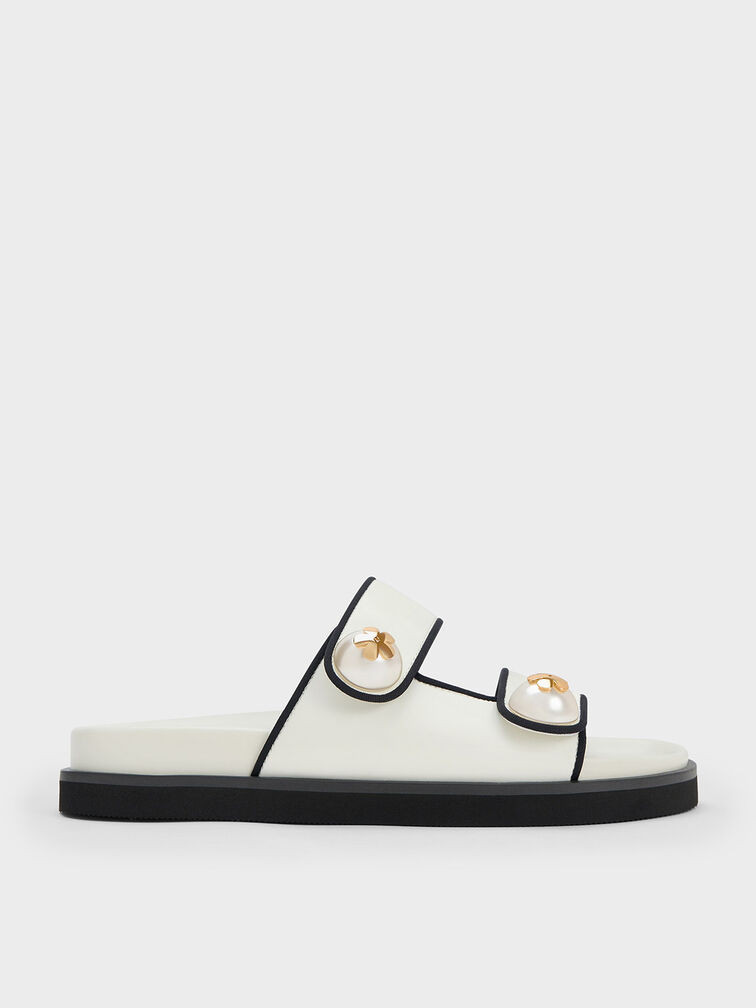 Pearl Embellished Contrast-Trim Slides - White | Charles & Keith UK