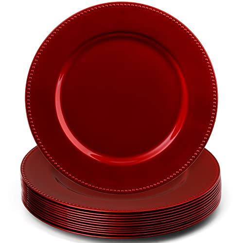 Okllen 12 Pack Plastic Round Charger Plates, 13" Red Beaded Charger Plates Decorative Dinner Chargers, Embossed Charger Serving Plates for Wedding, Catering Event, Tabletop Decor | Amazon (US)