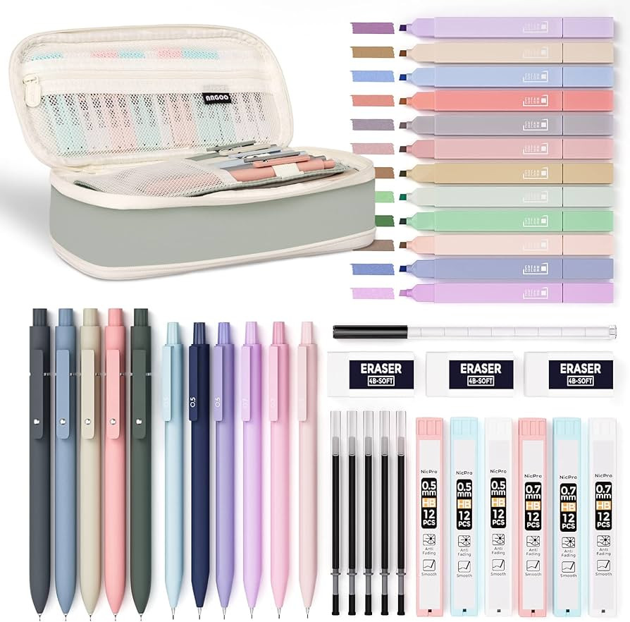 39 PCS Aesthetic School Supplies with Big Capacity Pen Case, 12 Colors Chisel Tip Cute Highlighte... | Amazon (US)